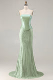 Sage Green Mermaid Strapless Beaded Satin Long Prom Dress with Streamer