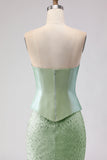 Sage Green Mermaid Strapless Beaded Satin Long Prom Dress with Streamer