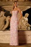 Blush Pink Sheath Corset Spaghetti Straps Floral Long Prom Dress with Sequins