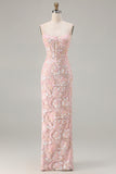 Blush Pink Sheath Corset Spaghetti Straps Floral Long Prom Dress with Sequins