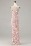 Blush Pink Sheath Corset Spaghetti Straps Floral Long Prom Dress with Sequins
