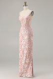 Blush Pink Sheath Corset Spaghetti Straps Floral Long Prom Dress with Sequins