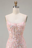 Blush Pink Sheath Corset Spaghetti Straps Floral Long Prom Dress with Sequins