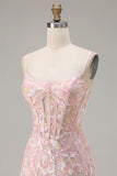 Blush Pink Sheath Corset Spaghetti Straps Floral Long Prom Dress with Sequins