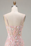 Blush Pink Sheath Corset Spaghetti Straps Floral Long Prom Dress with Sequins