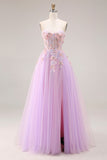 Lilac Strapless A Line Corset Appliqued Long Prom Dress with Slit