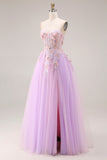 Lilac Strapless A Line Corset Appliqued Long Prom Dress with Slit