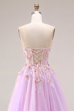 Lilac Strapless A Line Corset Appliqued Long Prom Dress with Slit