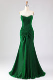 Strapless Mermaid Dark Green Beaded Ruched Long Prom Dress