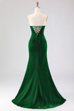 Strapless Mermaid Dark Green Beaded Ruched Long Prom Dress
