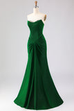 Strapless Mermaid Dark Green Beaded Ruched Long Prom Dress