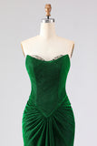 Strapless Mermaid Dark Green Beaded Ruched Long Prom Dress