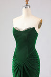 Strapless Mermaid Dark Green Beaded Ruched Long Prom Dress