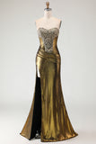 Metallic Bronze Mermaid Strapless Beaded Ruched Long Prom Dress with Slit