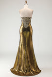 Metallic Bronze Mermaid Strapless Beaded Ruched Long Prom Dress with Slit