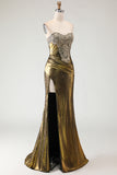 Metallic Bronze Mermaid Strapless Beaded Ruched Long Prom Dress with Slit