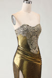 Metallic Bronze Mermaid Strapless Beaded Ruched Long Prom Dress with Slit