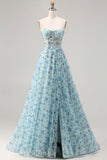 Blue Floral A Line Strapless Beaded Convertible Long Prom Dress with Slit