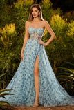 Blue Floral Beaded A Line Strapless Convertible Long Prom Dress with Slit