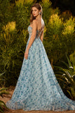 Blue Floral Beaded A Line Strapless Convertible Long Prom Dress with Slit