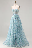 Blue Floral A Line Strapless Beaded Convertible Long Prom Dress with Slit