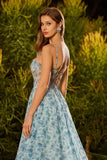 Blue Floral Beaded A Line Strapless Convertible Long Prom Dress with Slit