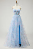 Blue Flower A-Line Corset Print Tulle Lace Up Back Long Prom Dress with Slit
