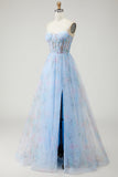 Blue Flower A-Line Corset Print Tulle Lace Up Back Long Prom Dress with Slit