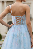 Blue Flower Corset A-Line Print Lace Up Back Long Prom Dress with Slit
