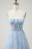 Blue Flower A-Line Corset Print Tulle Lace Up Back Long Prom Dress with Slit