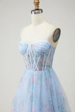 Blue Flower A-Line Corset Print Tulle Lace Up Back Long Prom Dress with Slit
