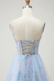 Blue Flower A-Line Corset Print Tulle Lace Up Back Long Prom Dress with Slit