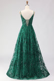 Sparkly Dark Green A Line Sequin Embroidered Long Prom Dress with Slit