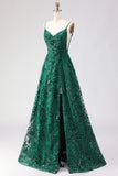 Sparkly Dark Green A Line Sequin Embroidered Long Prom Dress with Slit
