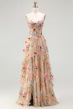 Champagne Flower A-Line Beaded Corset Embroidered Long Prom Dress with Slit