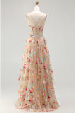 Champagne Flower A-Line Beaded Corset Embroidered Long Prom Dress with Slit