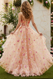 Champagne Flower A-Line Beaded Corset Embroidered Long Prom Dress with Slit