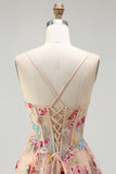 Champagne Flower A-Line Beaded Corset Embroidered Long Prom Dress with Slit