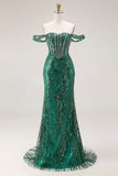 Off the Shoulder Mermaid Dark Green Sequin Beaded Corset Prom Dress
