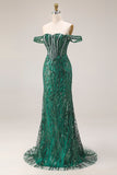 Off the Shoulder Mermaid Dark Green Sequin Beaded Corset Prom Dress