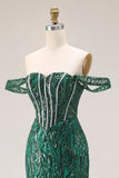 Off the Shoulder Mermaid Dark Green Sequin Beaded Corset Prom Dress