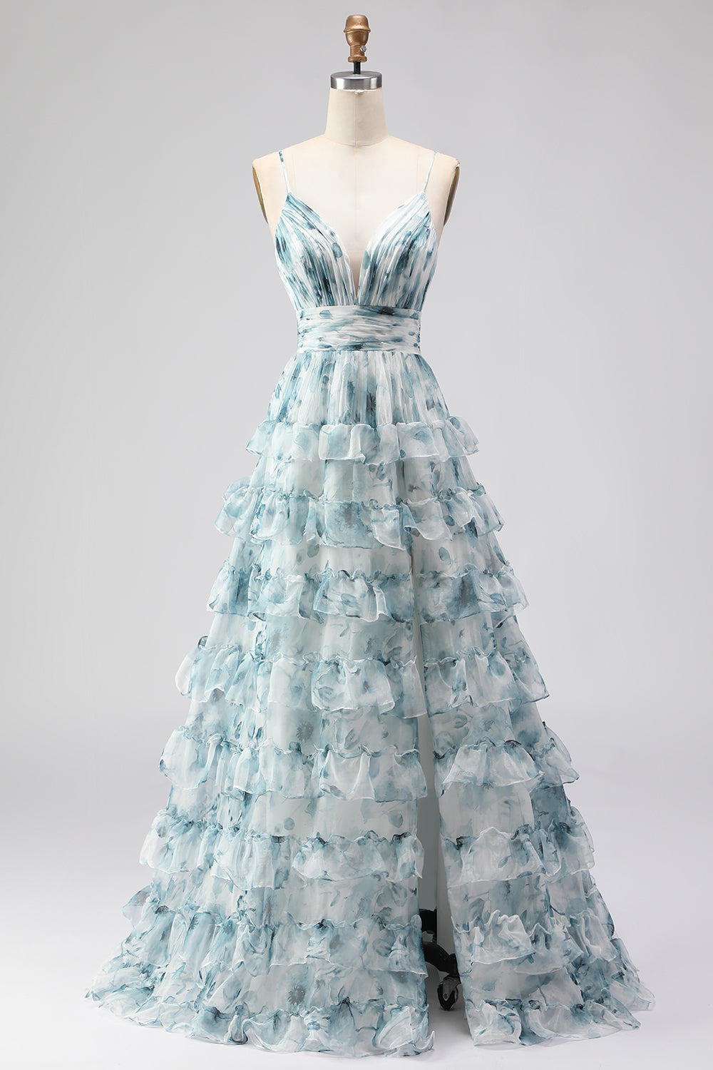 WEDTREND Women Blue Long Prom Dress with Slit A Line Spaghetti Straps Tiered Ruffle Print Floral Ruched Wedding Party Dress with Lace Up Back WEDTREND Women Blue Long Prom Dress with Slit A Line Spaghetti Straps Tiered Ruffle Print Floral Ruched Wedding Party Dress with Lace Up Back