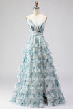 Blue A Line Tiered Ruffle Lace Up Back Print Floral Long Prom Dress with Slit