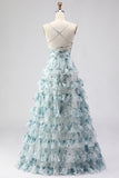 Blue A Line Tiered Ruffle Lace Up Back Print Floral Long Prom Dress with Slit