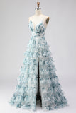 Blue A Line Tiered Ruffle Lace Up Back Print Floral Long Prom Dress with Slit