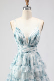 Blue A Line Tiered Ruffle Lace Up Back Print Floral Long Prom Dress with Slit