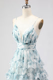 Blue A Line Tiered Ruffle Lace Up Back Print Floral Long Prom Dress with Slit