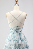 Blue A Line Tiered Ruffle Lace Up Back Print Floral Long Prom Dress with Slit