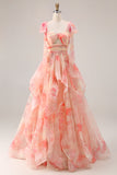 Sunset A Line Ruffle Printed Cut Out Long Prom Dress with Bow