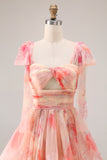 Sunset A Line Ruffle Printed Cut Out Long Prom Dress with Bow